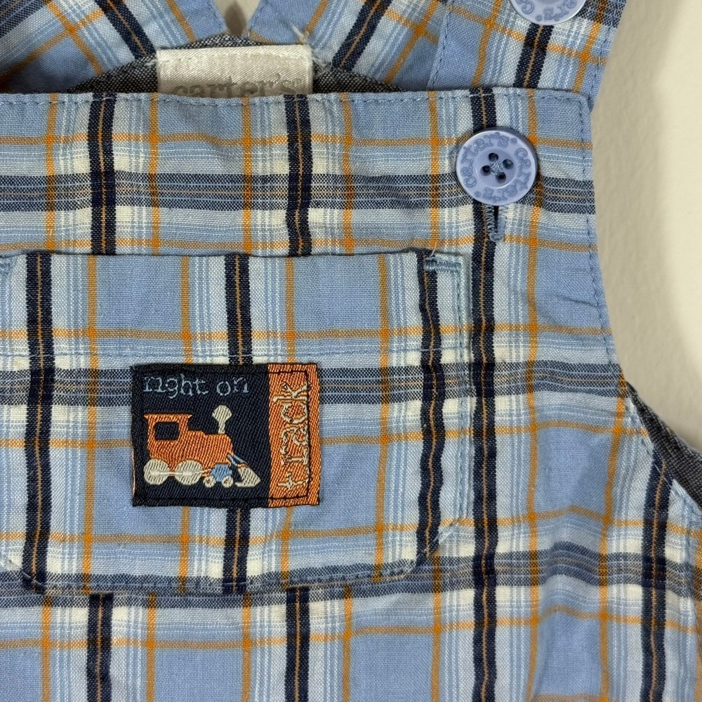 VTG Carters Kids Baby Boy Blue Plaid Train Embroidered Shortalls Overalls 6-9 M - Picture 5 of 11